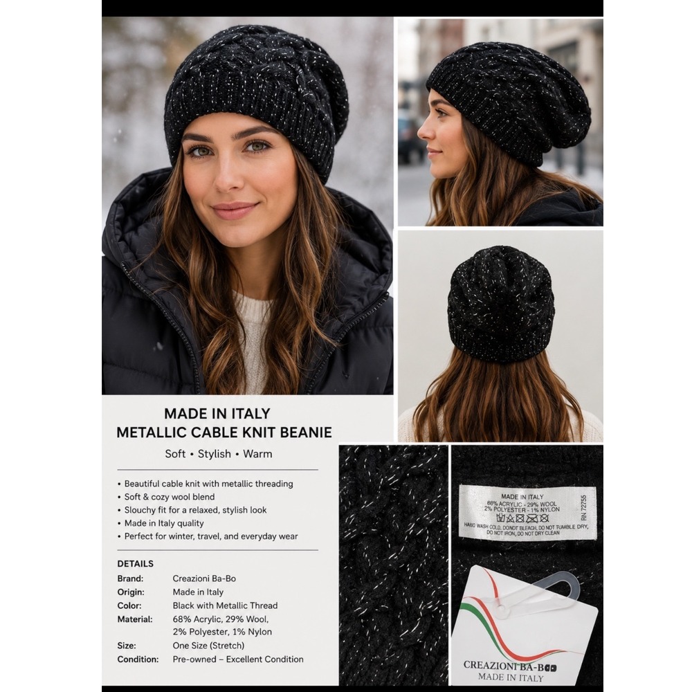 Creazioni Ba-Bo Italy Black Metallic Cable Knit Wool Blend Slouchy Beanie Hat